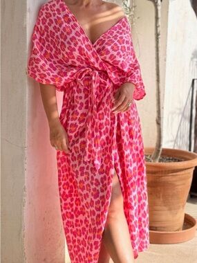 Pink & Orange Leopard Print Wrap Dress